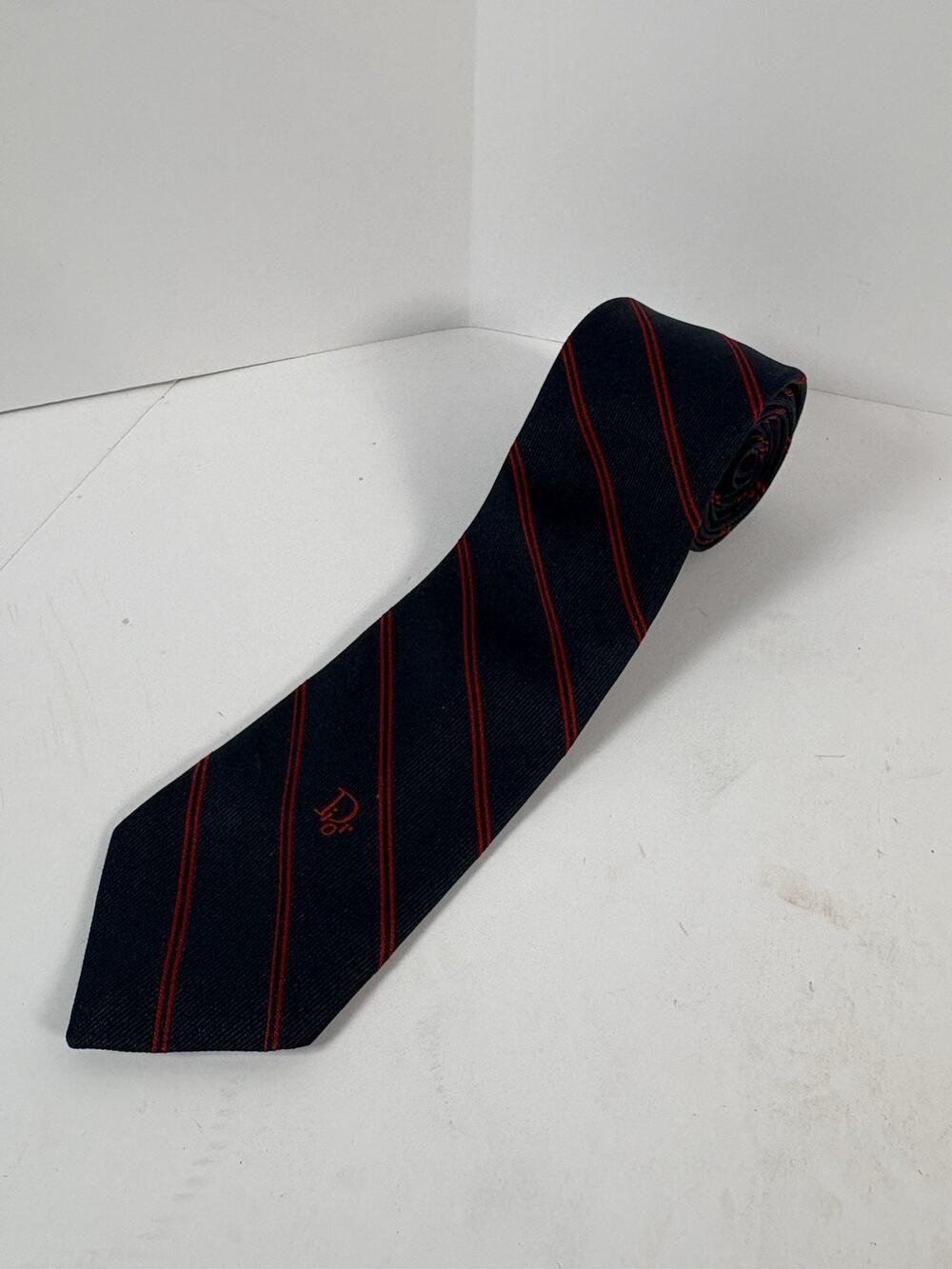 Vintage Christian Dior Mens Tie Navy Blue Red Stripe Logo Silk Blend Necktie